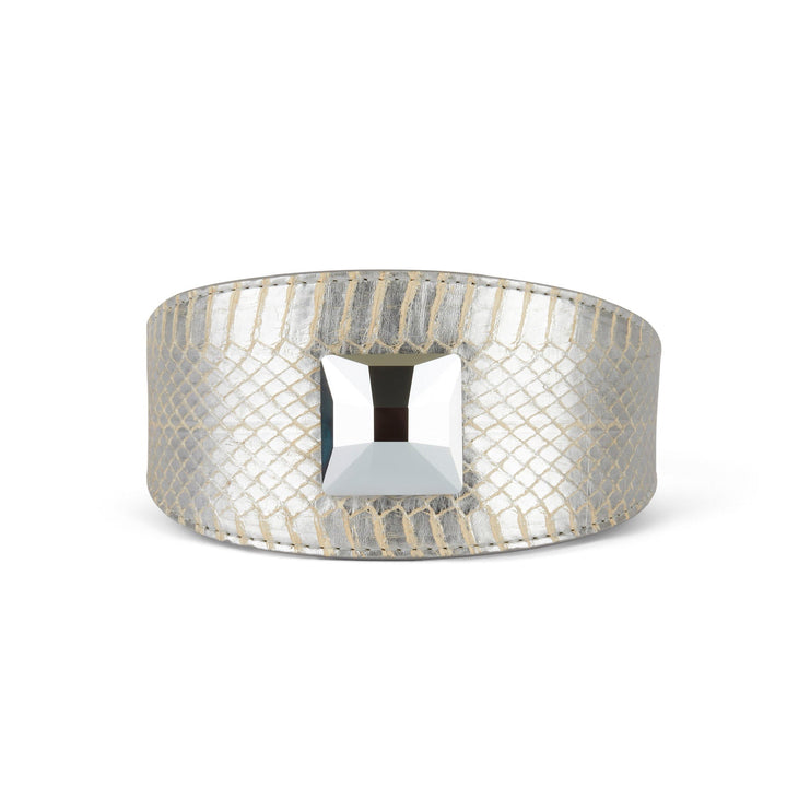 Glamorous Silver Snake 3” Wide Style Collar With Large Silver Swarovski