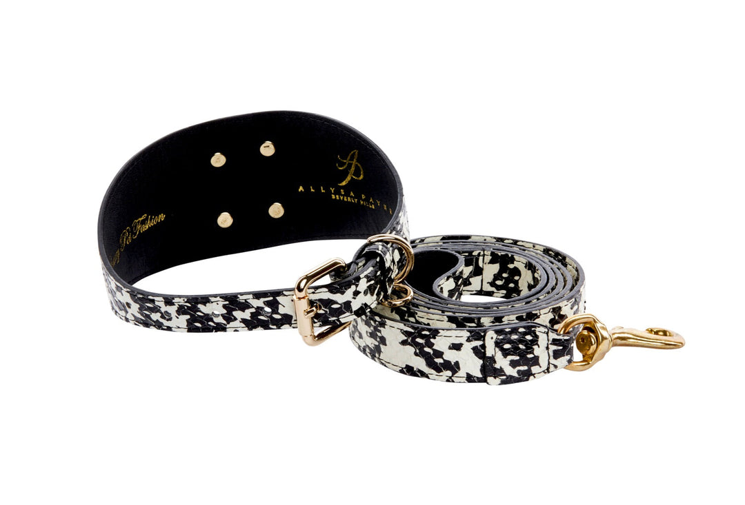 Black &amp; White Snake 3” Wide Style Collar &amp; Leash Set  With Large Gold Custom Rivet