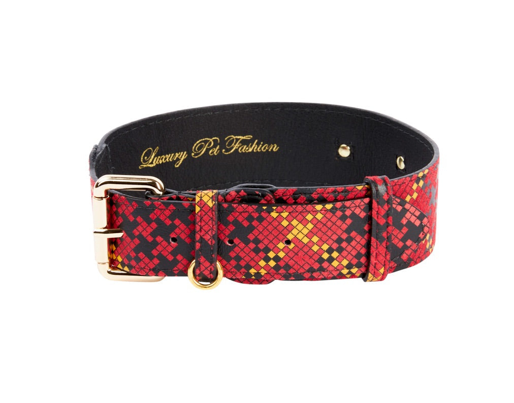 Red, Black &amp; Yellow Elegant Plaid Italian Leather Collar With Gold Classic Hardware