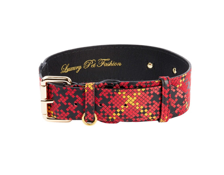 Red, Black &amp; Yellow Elegant Plaid Italian Leather Collar With Gold Classic Hardware