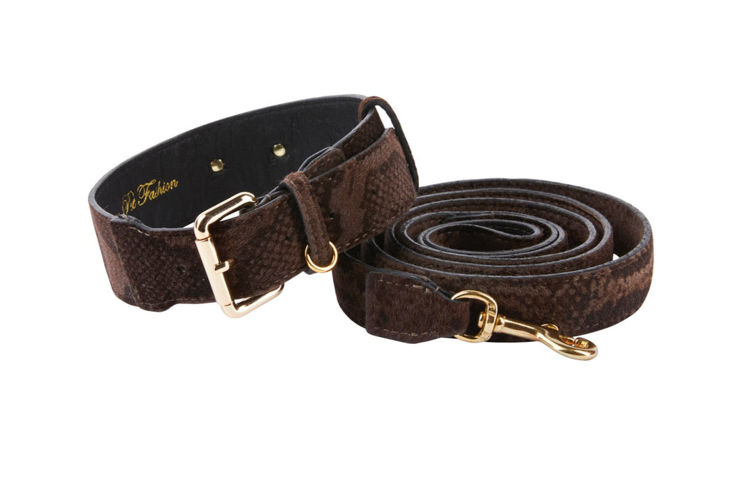 Brown Snake Print Hair On Hide Italian Leather With Classic Hardware Collar &amp; Leash Set