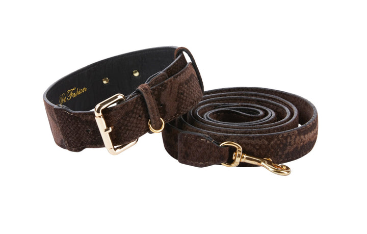 Brown Snake Print Hair On Hide Italian Leather With Classic Hardware Collar &amp; Leash Set