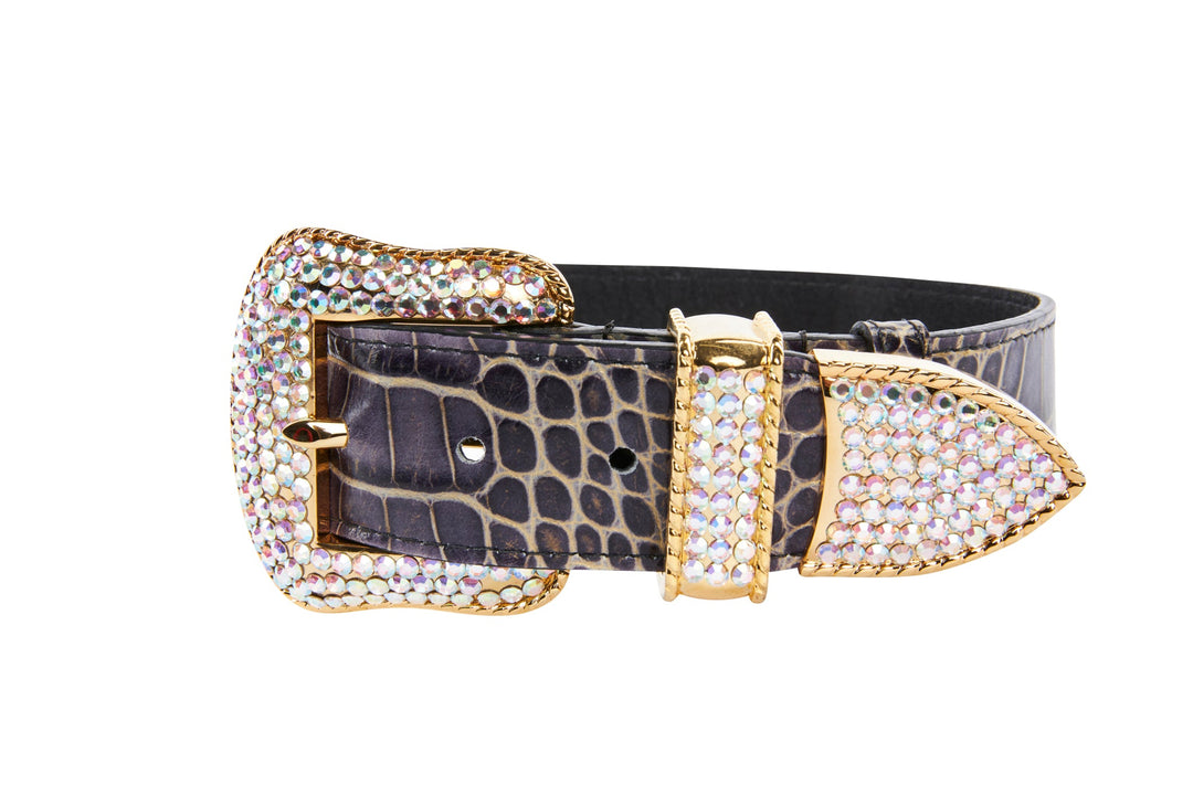 Purple &amp; Gold Embossed Croc Italian Leather/Swarovski Crystal Collar
