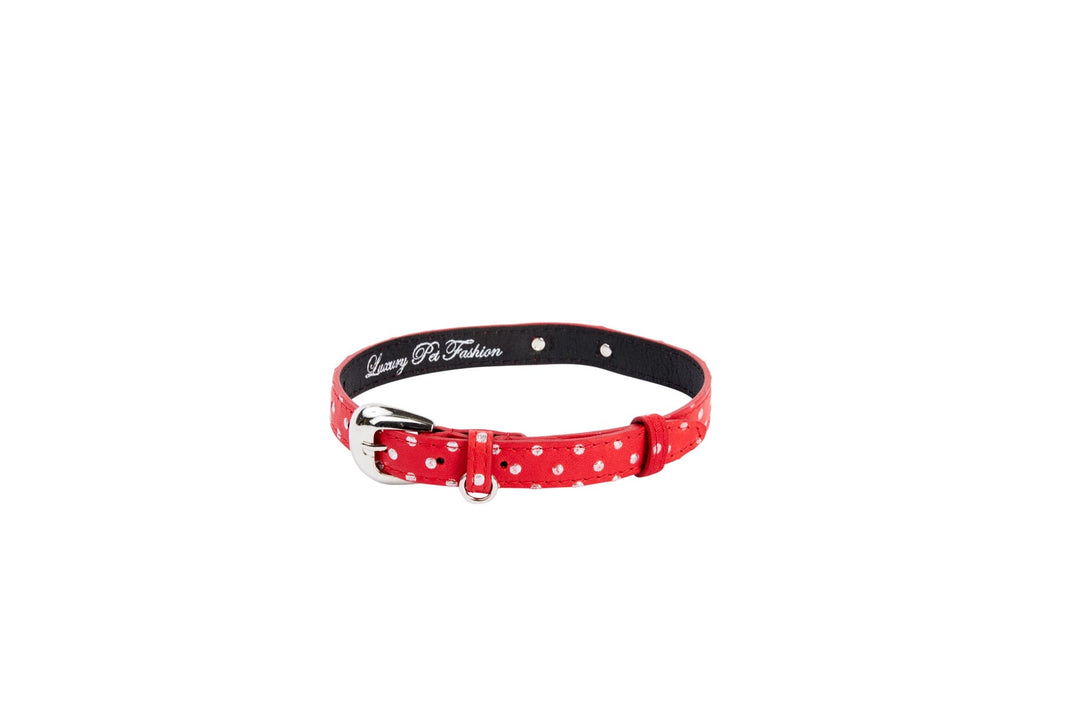 Red &amp; Silver Polka Dot Italian Leather Collar With Oval Silver Hardware