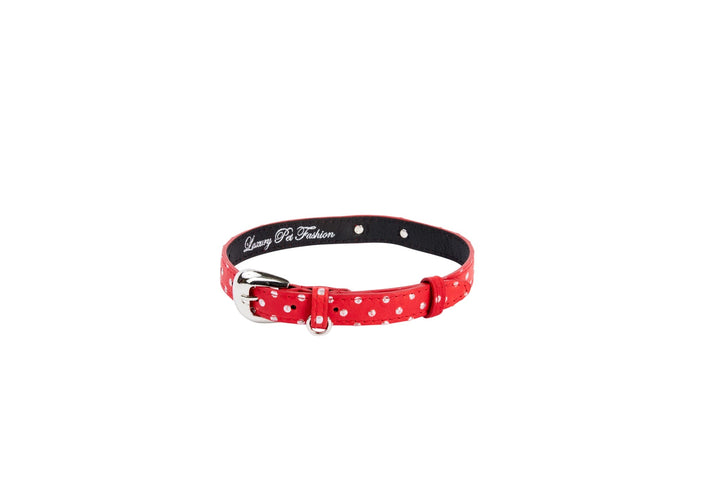 Red &amp; Silver Polka Dot Italian Leather Collar With Oval Silver Hardware