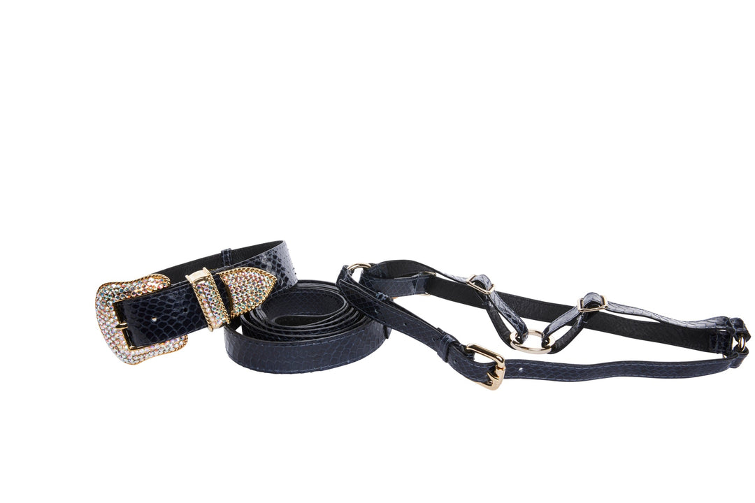 Navy Blue Snake Swarovski Crystal Hardware Collar, Leash, &amp; Harness Set
