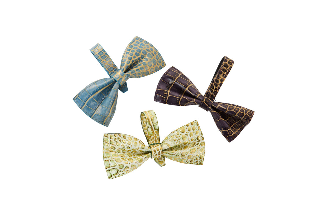 Blue, Purple &amp; Green/Gold Embossed Croc Italian Leather Bowtie Set Of 3
