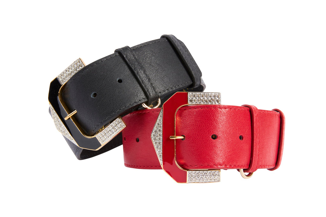 Black Italian Leather &amp; Red Italian Leather Collar Set With Custom Hollywood Glam Italian Hardware