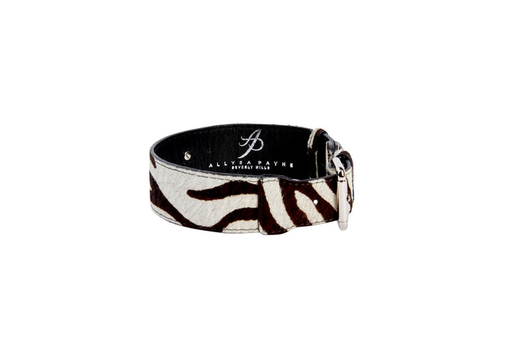 Distressed Brown &amp; White Zebra Print Hair On Hide Classic Collar with Silver Classic Hardware