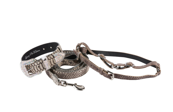 Grey Snake Print Hair On Hide Italian Leather Collar &amp; Leash Set With Swarovski Crystal Hardware