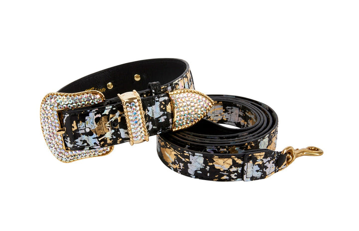 Black, Gold, Silver Iridescent Snake Collar &amp; Leash Set With Swarovski Crystal Hardware
