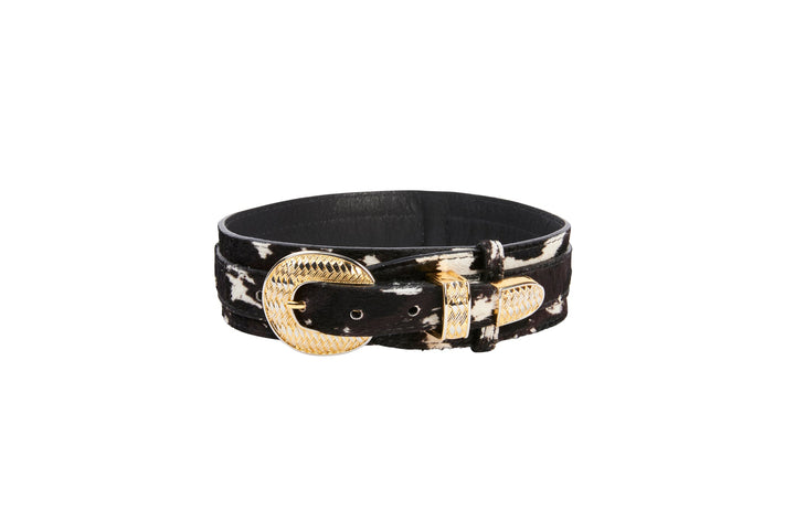 Brown, White, Black Hair On Hide Italian Leather Collar With 3 Piece Italian Hardware