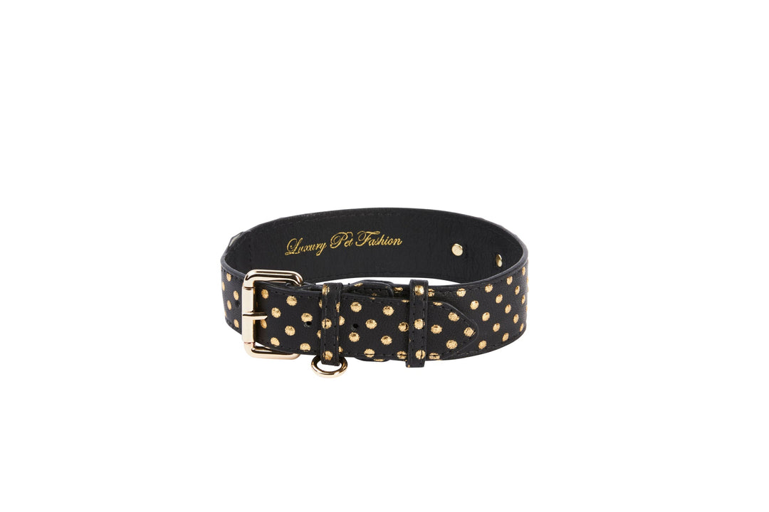 Black &amp; Gold Polka Dot Italian Leather Classic Collar