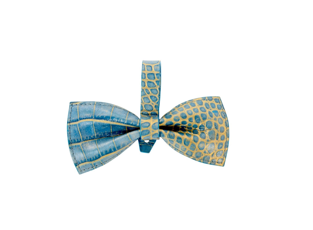 Blue &amp; Gold Embossed Croc Italian Leather Bow tie