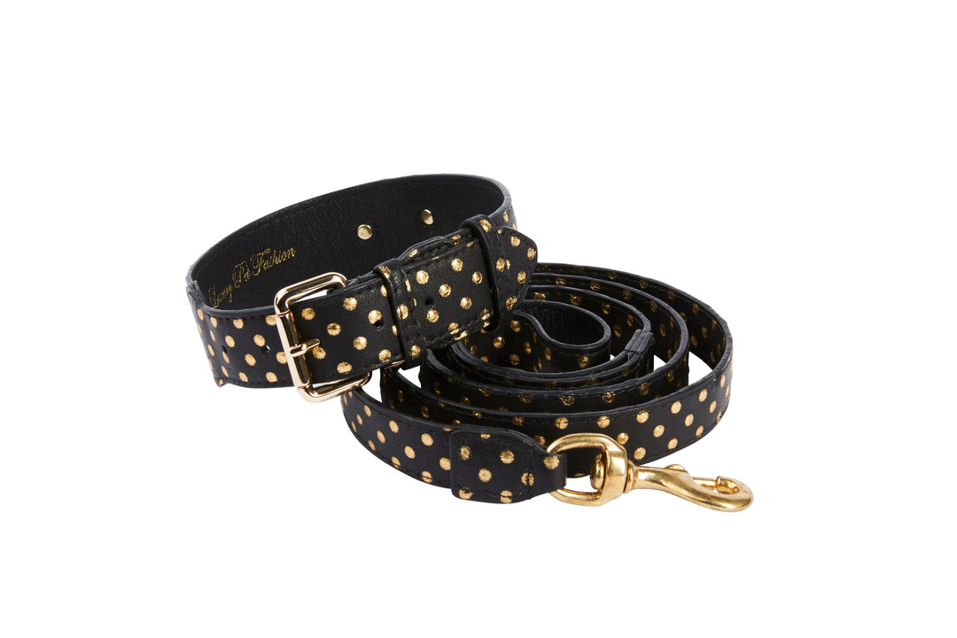 Black &amp; Gold Polka Dot Italian Leather Classic Collar &amp; Leash Set