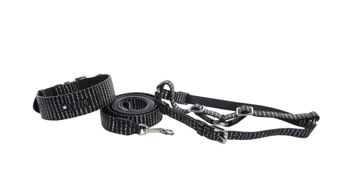 Black &amp; Silver Striped Italian Leather Classic Collar, Leash &amp; Harness Set With Silver Hardware
