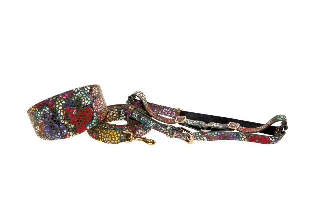 Olive Floral Mosaic Italian Leather 3” Wide Style Collar, Leash &amp; Harness Set