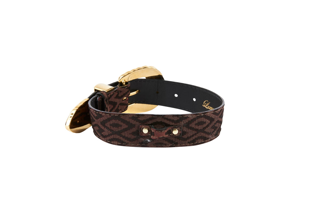 Elegant Black &amp; Brown Pattern Italian Leather Collar With Ornate Italian Swarovski Crystal Hardware