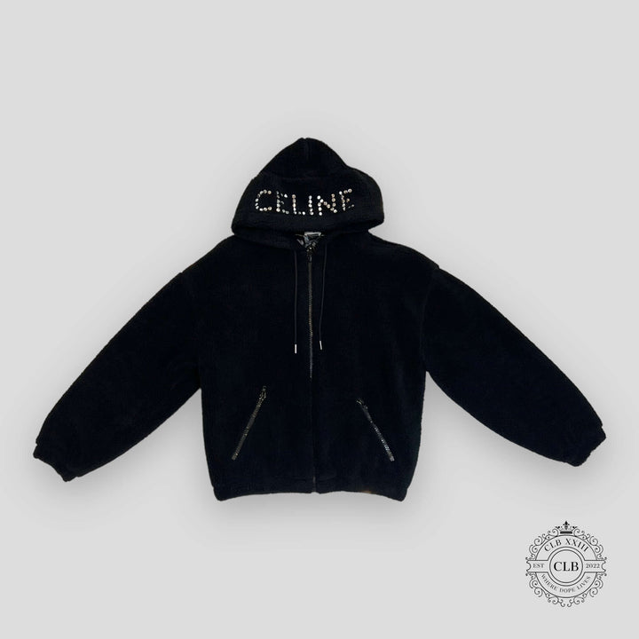 Celine Homme Logo Embellished Fleece Hoodie in Black