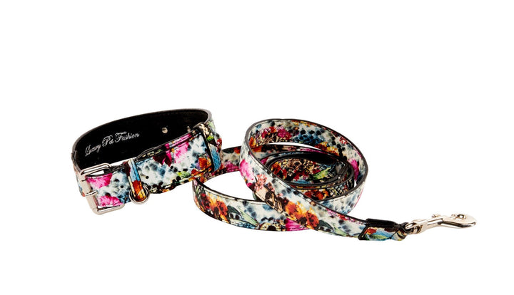 Floral, Scull, Snake Print Italian Leather Classic Collar &amp; Leash Set