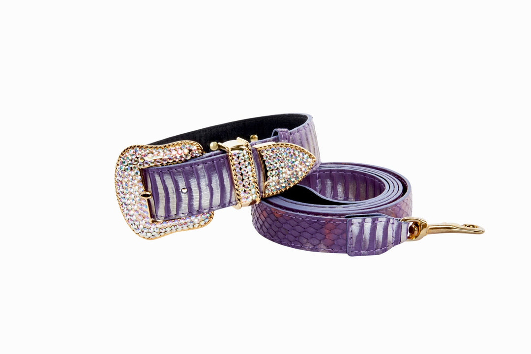 Luxury Pet Fashion Purple/Silver Multi-Tone Snakeskin Collar &amp; Leash Set  With Our Swarovski Crystal Hardware