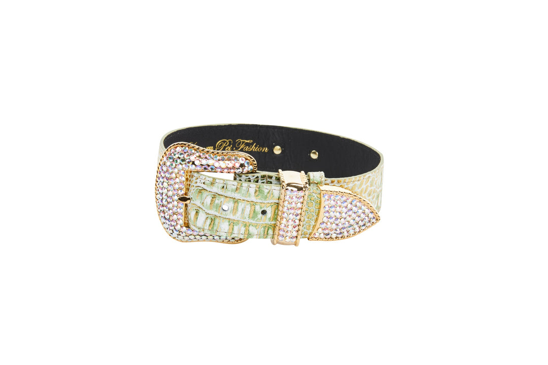 Green &amp; Gold Embossed Croc Italian Leather Swarovski Crystal Collar