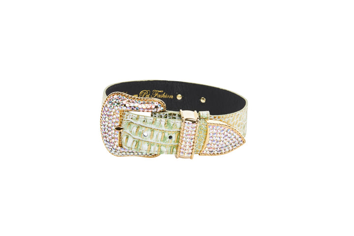 Green &amp; Gold Embossed Croc Italian Leather Swarovski Crystal Collar