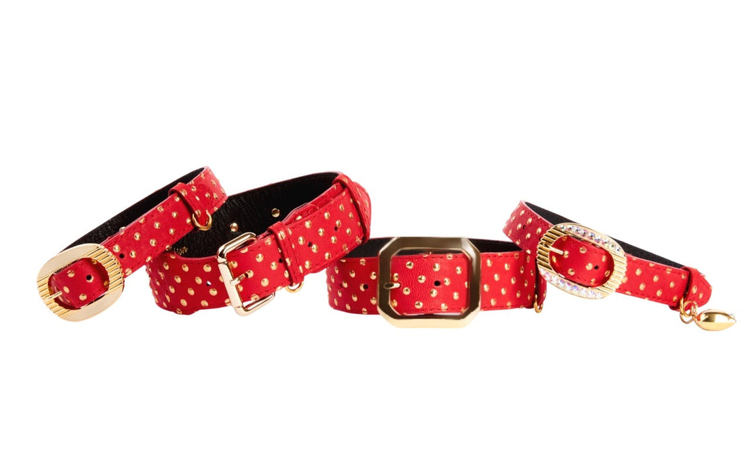 Red &amp; Gold Polka Dot Italian Leather Set Of 4