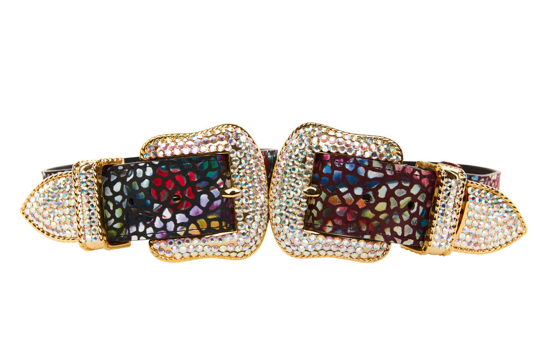 Luxury Pet Fashion Burgundy Floral Mosaic &amp; Black Floral Mosaic Italian Leather With Silver Swarovski Crystal Hardware Collars