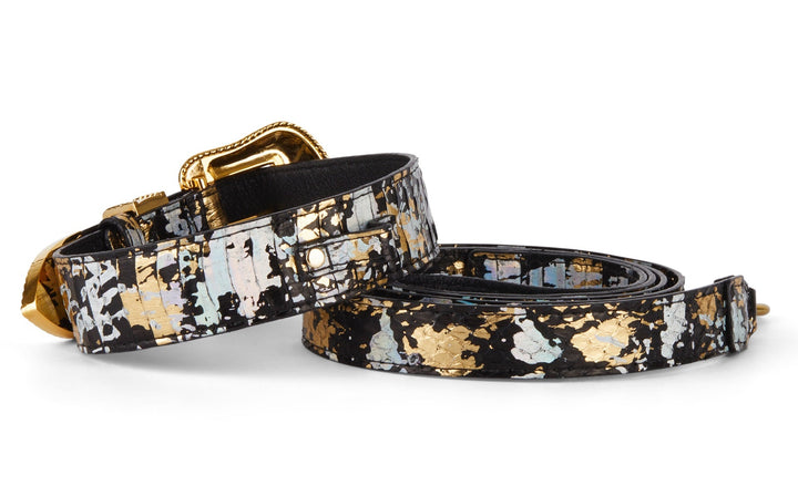Black/Gold/Silver Art Deco Swarovski Crystal Collar &amp; Leash Set