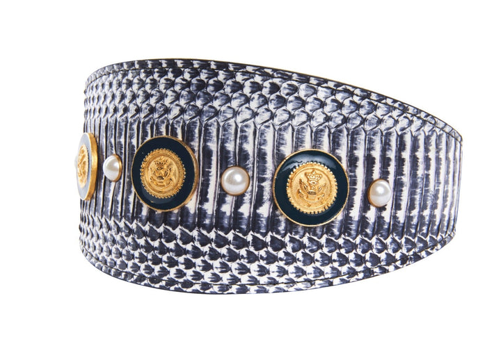 Nautical Collection. White &amp; Navy Snake With Nautical Navy &amp; Gold Rivets &amp; Pearls