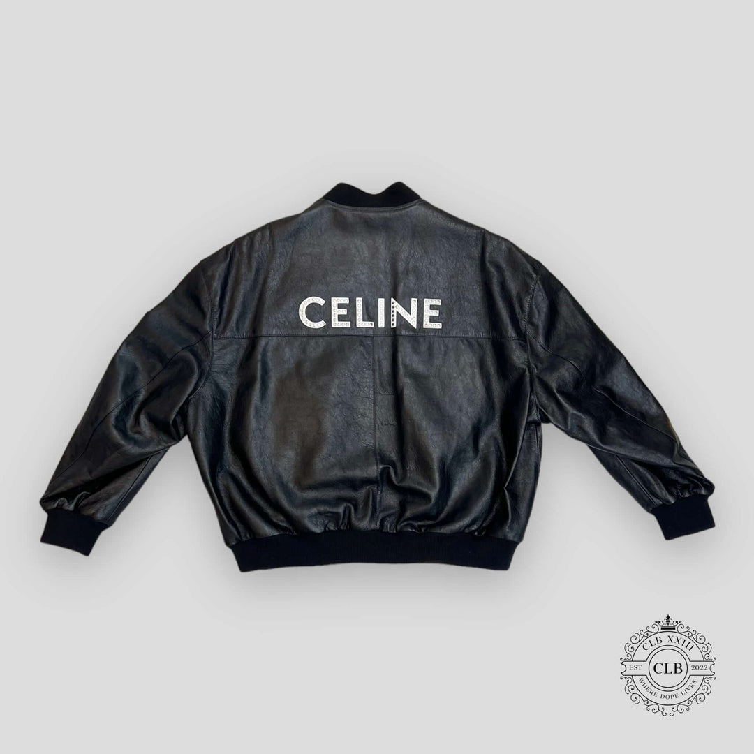 Celine Homme Studded Logo Leather Bomber Jacket in Black