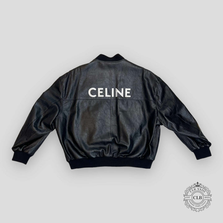 Celine Homme Studded Logo Leather Bomber Jacket in Black