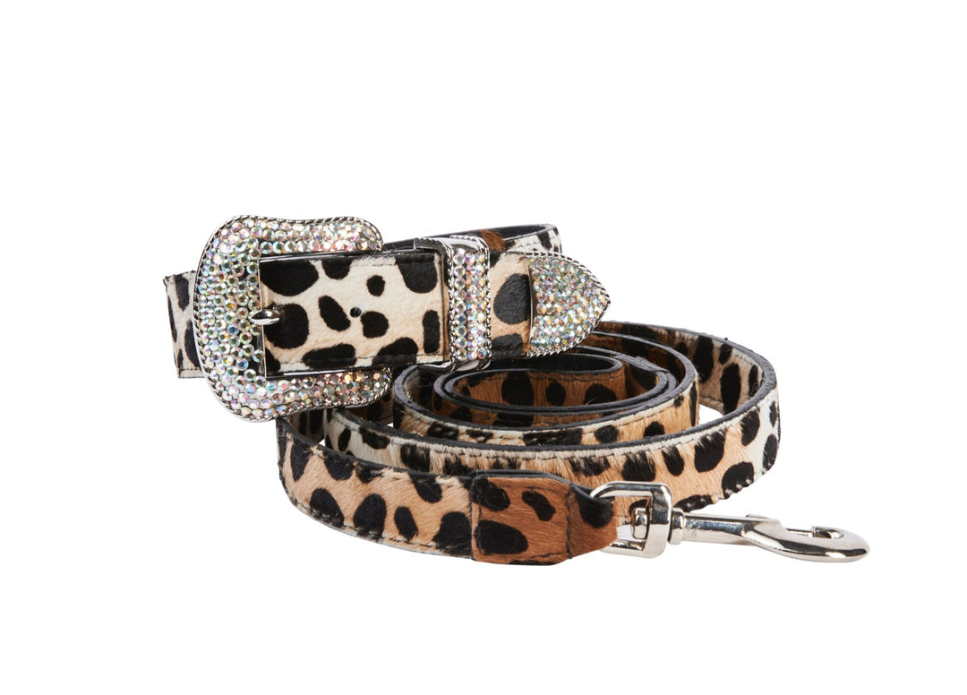 Animal Print Hair On Hide Italian Leather/Swarovski Crystal Collar &amp; Leash Set