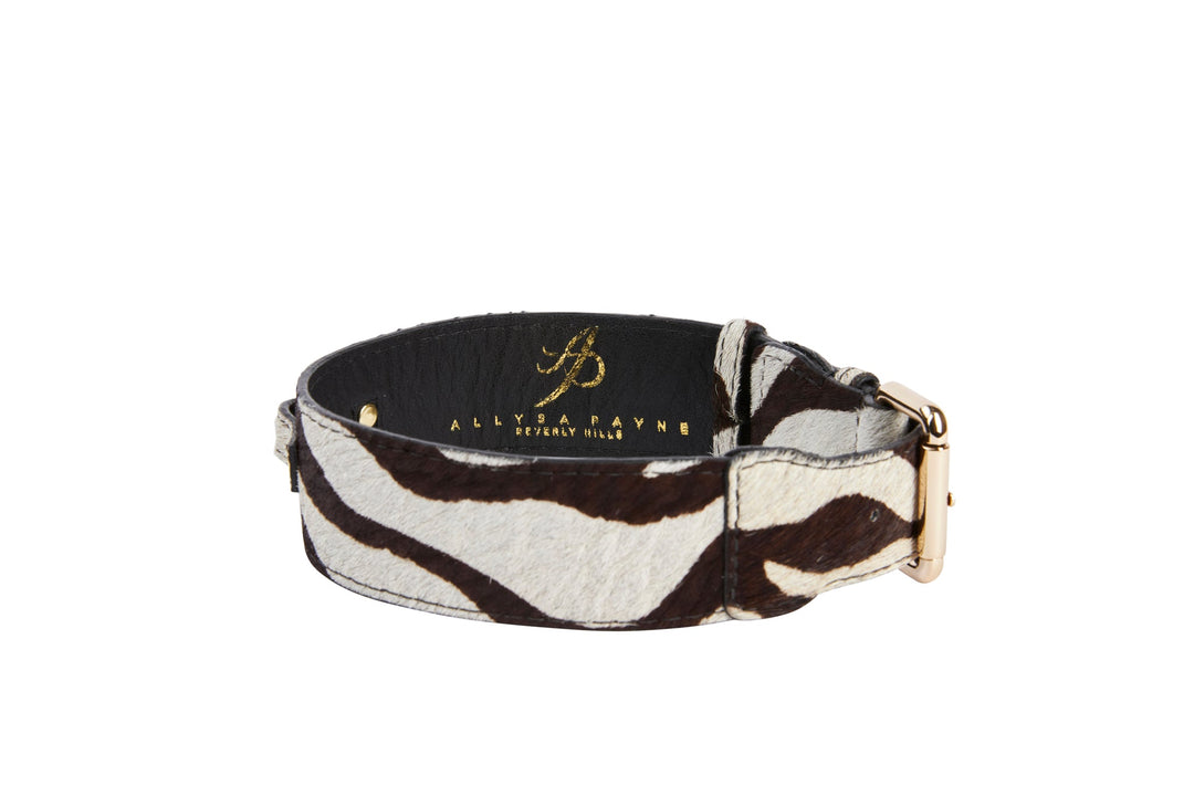 Distressed Brown &amp; White Zebra Print Hair On Hide Classic Collar with Gold Classic Hardware