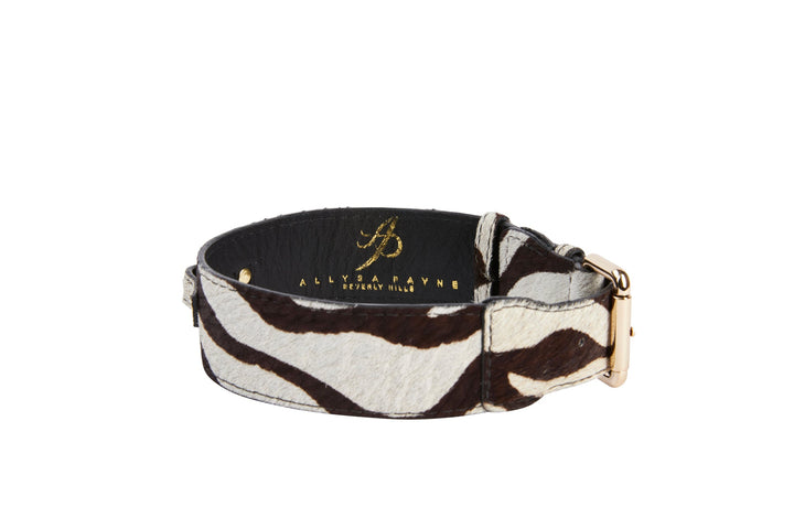 Distressed Brown &amp; White Zebra Print Hair On Hide Classic Collar with Gold Classic Hardware