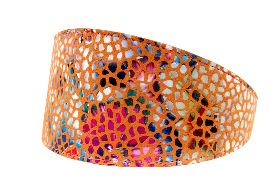 Orange Floral Mosaic Italian Leather 3” Wide Style Collar