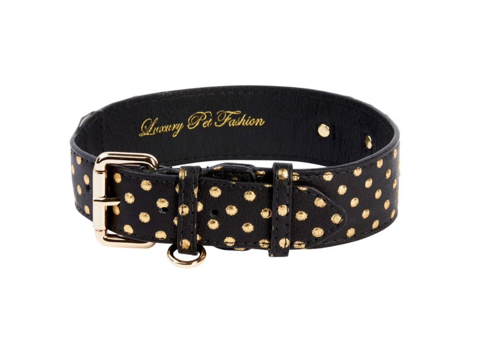 Black &amp; Gold Polka Dot Italian Leather Classic Collar
