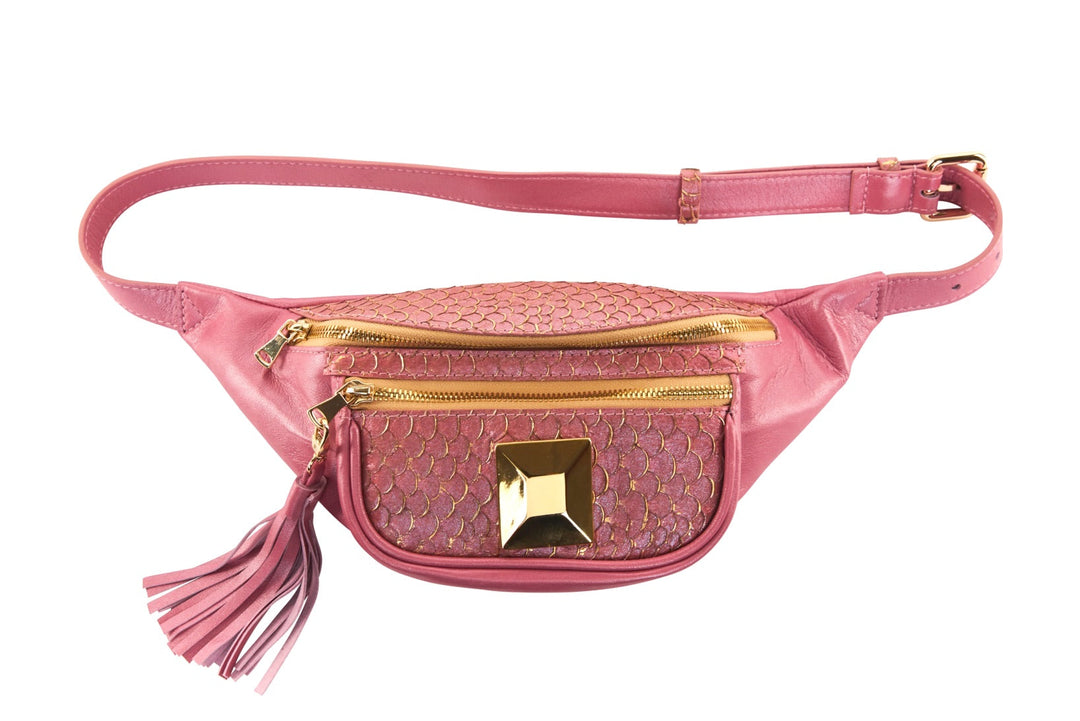 Pearl Pink Italian Leather/Pink Tilapia Fanny Pack With Custom Large Gold Rivet