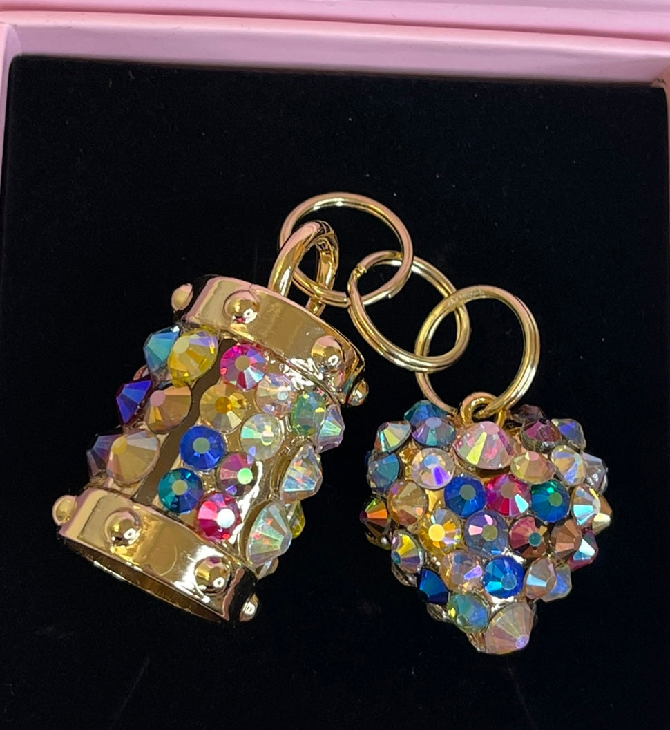 Set Of 2 Rainbow Color Swarovski Crystal Heart &amp; Cylinder Matching Swarovski Charm