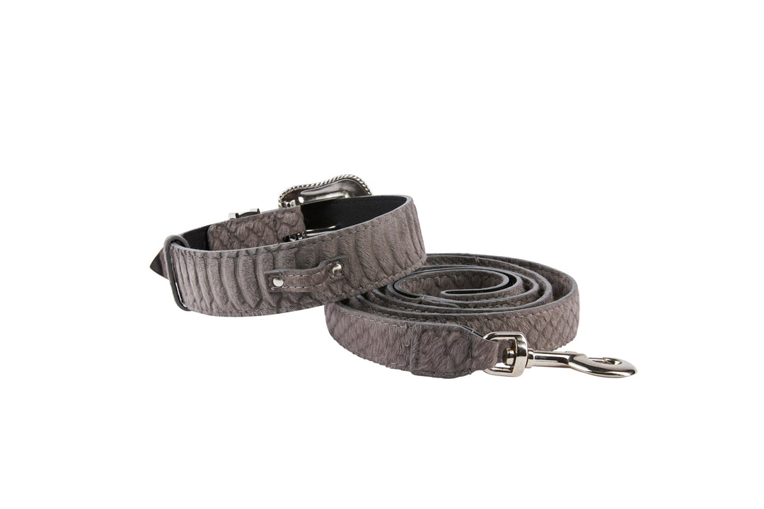 Dark Grey Snake Print Hair On Hide Italian Leather Collar &amp; Leash Set With Swarovski Crystal Hardware
