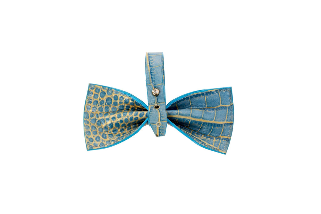 Blue &amp; Gold Embossed Croc Italian Leather Bow tie