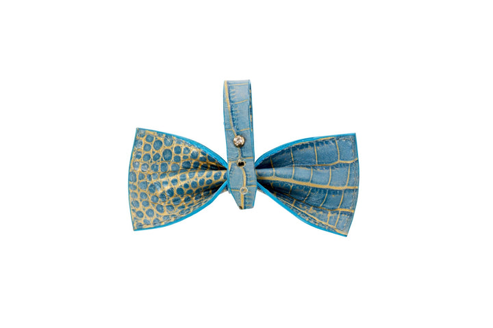 Blue &amp; Gold Embossed Croc Italian Leather Bow tie