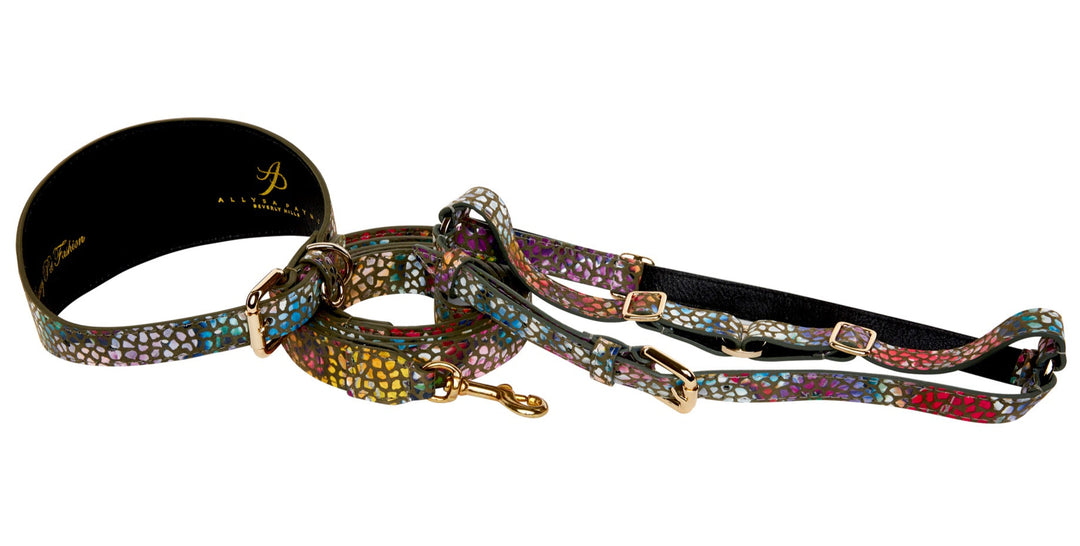 Olive Floral Mosaic Italian Leather 3” Wide Style Collar, Leash &amp; Harness Set