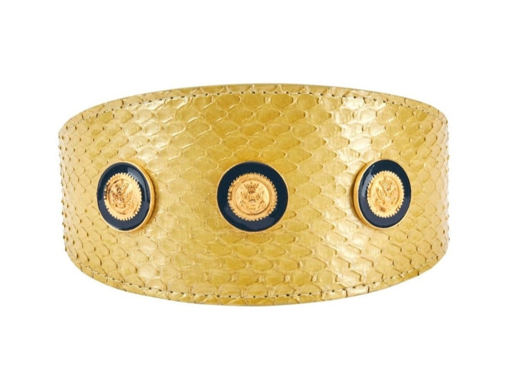 Pearl Yellow Snake With Vintage Gold &amp; Navy Rivets. 3” Wide Style Collar