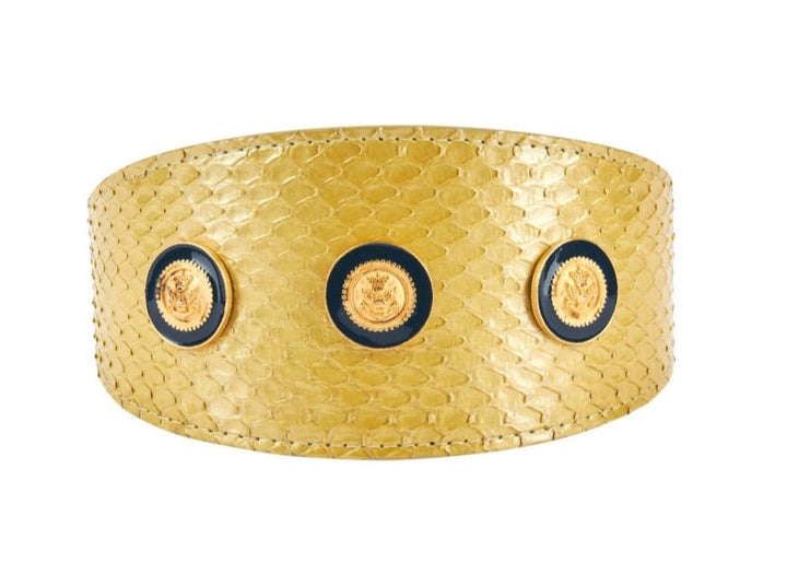 Pearl Yellow Snake With Vintage Gold &amp; Navy Rivets. 3” Wide Style Collar