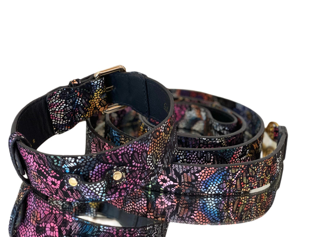 Luxury Pet Fashion Black Floral Lace Italian Leather Collar &amp; Leash Set With Gold Classic Hardware