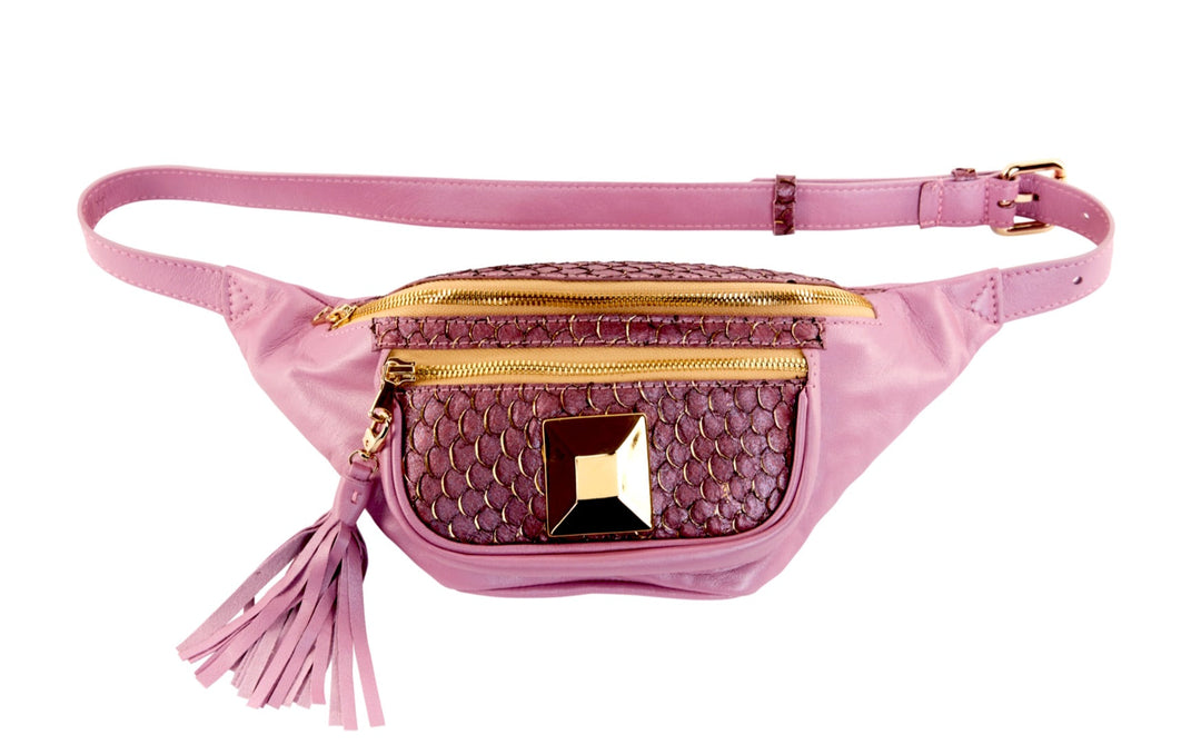 Pearl Purple Italian Leather/Purple Tilapia Fanny Pack With Custom Large Gold Rivet
