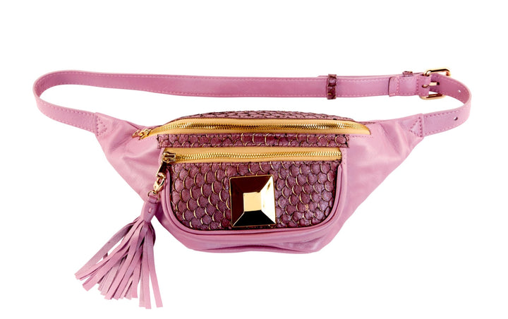 Pearl Purple Italian Leather/Purple Tilapia Fanny Pack With Custom Large Gold Rivet