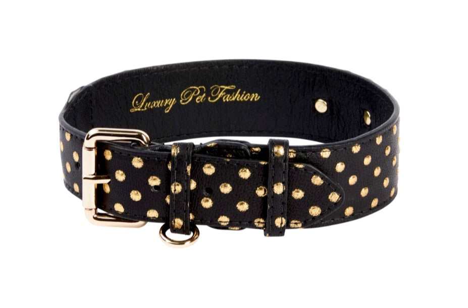 Black &amp; Gold Polka Dot Italian Leather Classic Collar